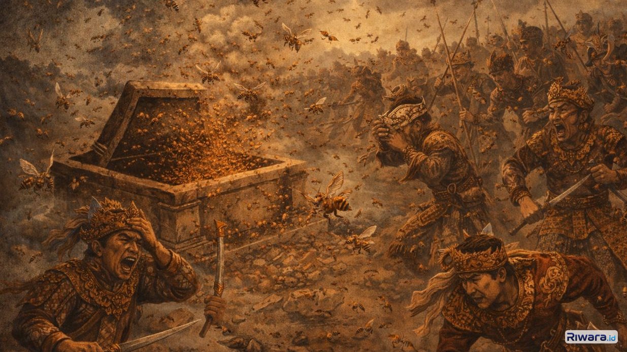 Ilustrasi kisah dalam Serat Centhini ketika pasukan Majapahit diserang kawanan lebah setelah makam Sunan Giri dibuka.